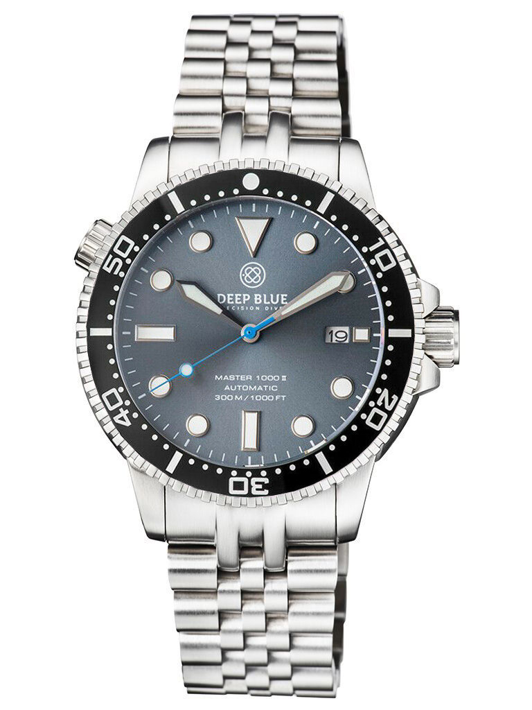 Deep Blue Master 1000 II 44mm Automatic Diver Watch Black Bezel/Slate Grey Blue Sunray Dial Jubilee Bracelet