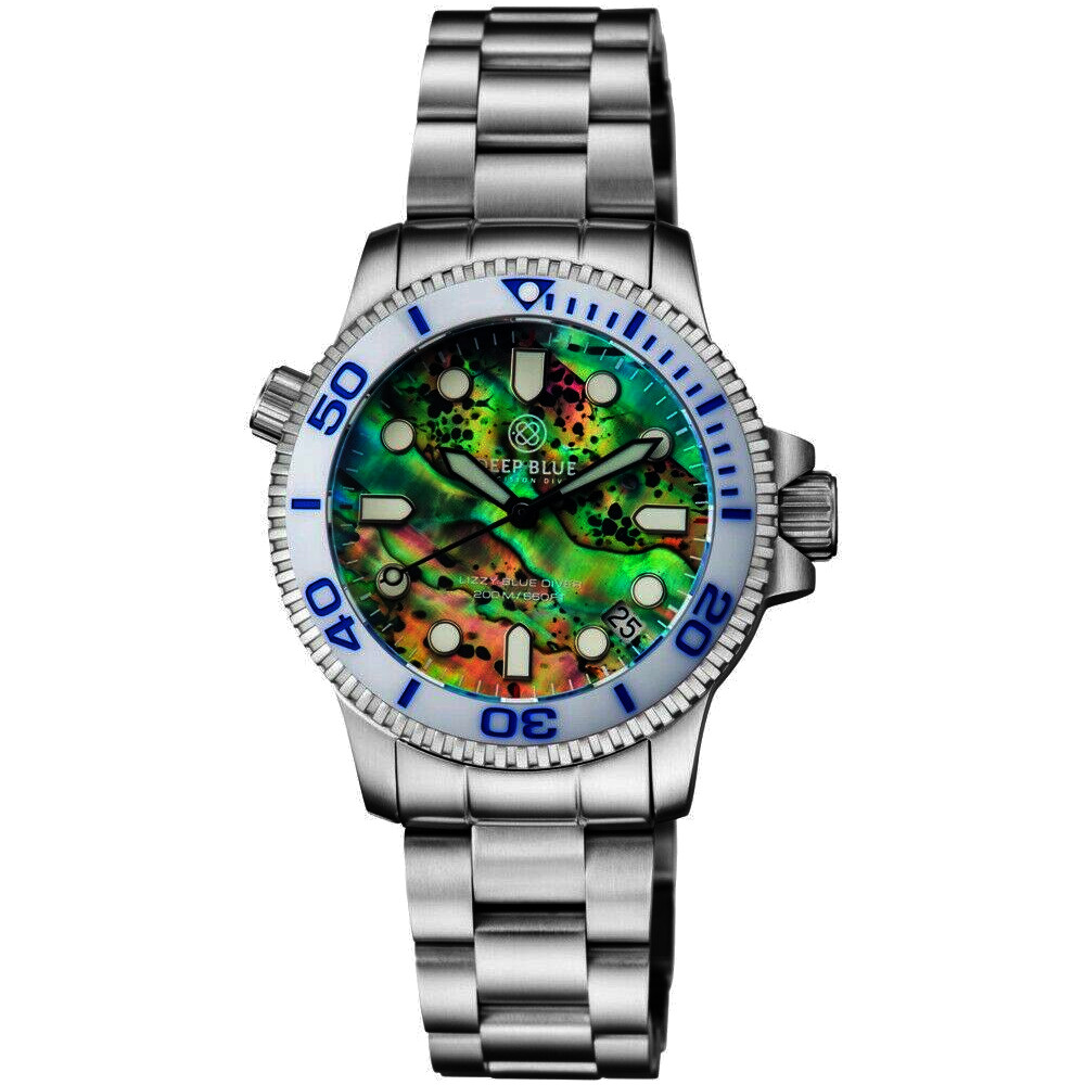 Deep Blue Ladies 36mm "Lizzy Blue" Diver Watch Ceramic White-Blue Bezel/Green Abalone Shell Dial