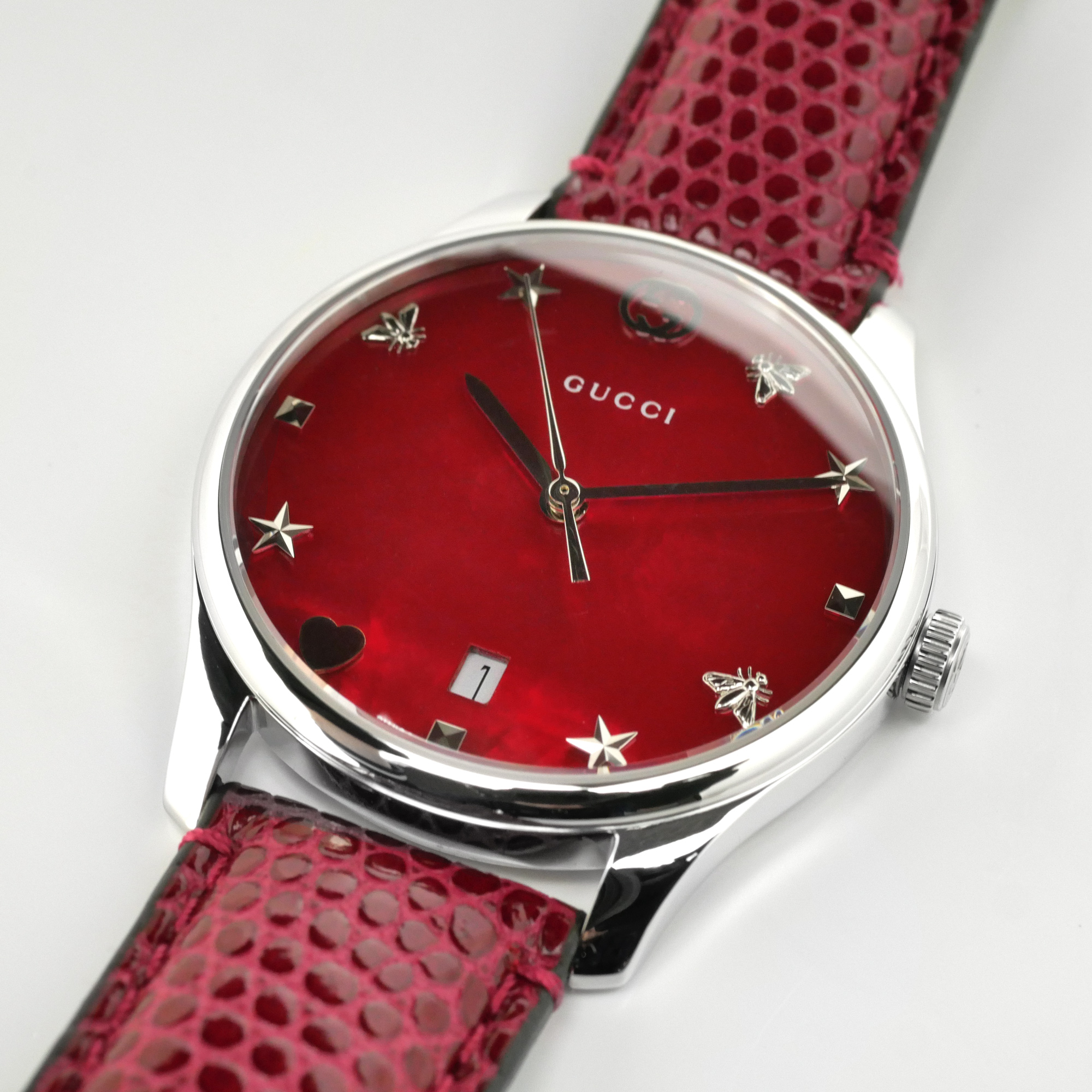 Gucci G-Timeless YA1264041 Cherry Red Mother of Pearl Dial Ladies Watch Leather Strap